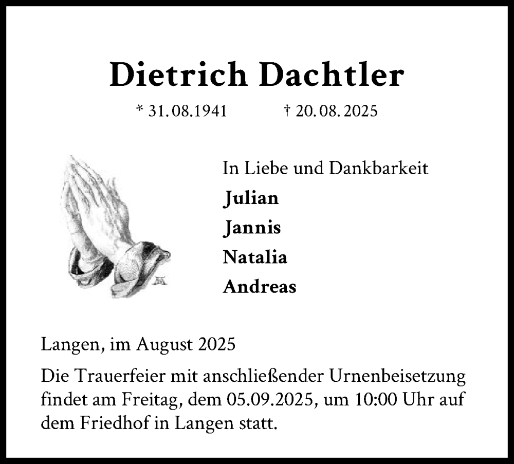  Traueranzeige für Dietrich Dachtler vom 30.08.2025 aus OF0W