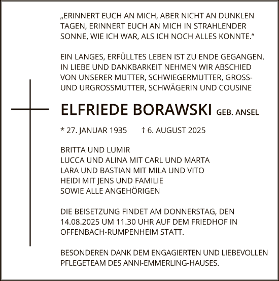 Traueranzeige von Elfriede Borawski von OFOP