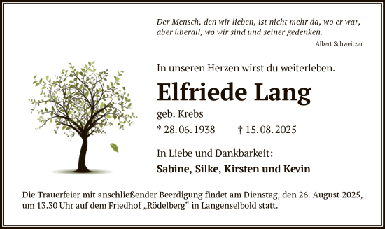 Traueranzeige von Elfriede Lang von OFHA