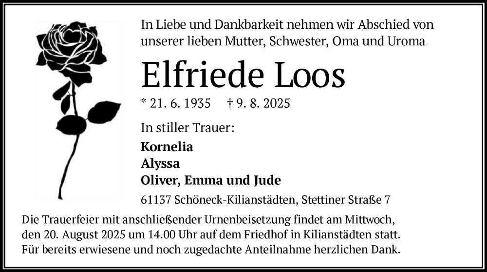 Traueranzeige für Elfriede Loos vom 16.08.2025 aus OFHA