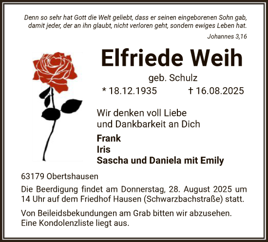 Traueranzeige von Elfriede Weih von OF0T