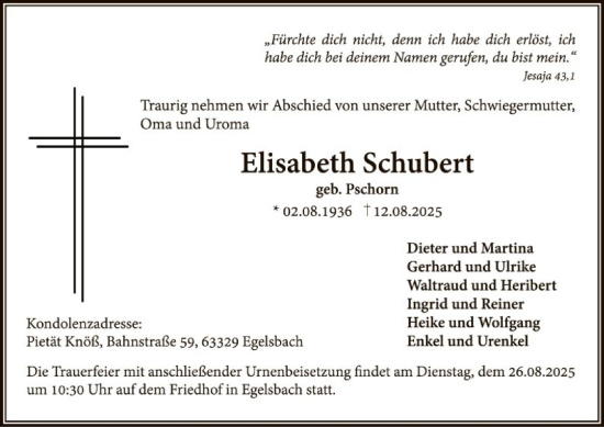 Traueranzeige von Elisabeth Schubert von OFOP