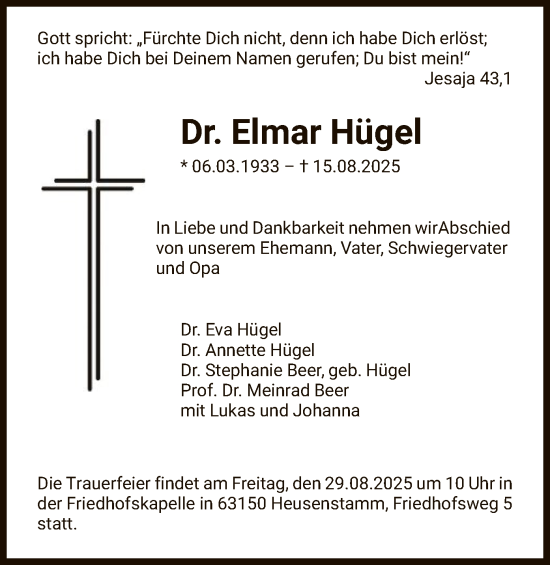 Traueranzeige von Elmar Hügel von OFOP