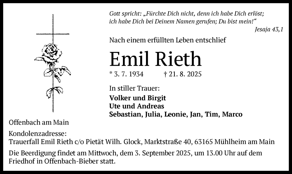  Traueranzeige für Emil Rieth vom 30.08.2025 aus OFOP