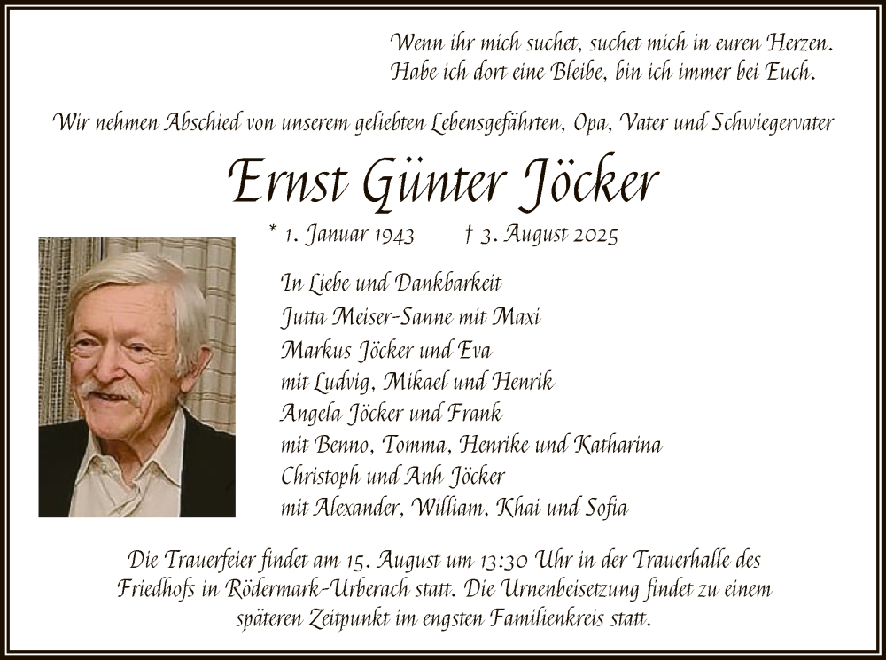  Traueranzeige für Ernst Günter Jöcker vom 09.08.2025 aus OFOP