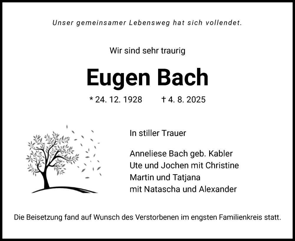 Traueranzeige für Eugen Bach vom 16.08.2025 aus OFHA