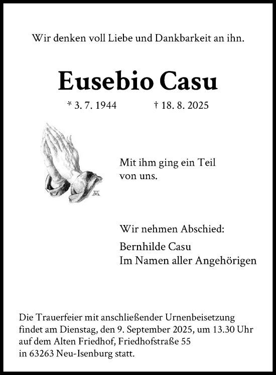 Traueranzeige von Eusebio Casu von OF0W