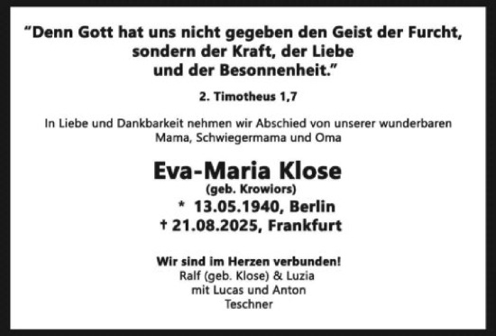 Traueranzeige von Eva-Maria Klose von OFOP