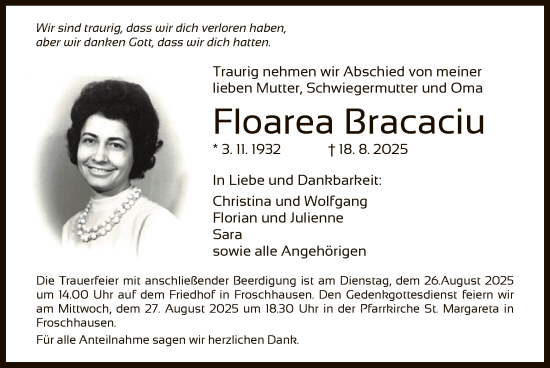 Traueranzeige von Floarea Bracaciu von OF0L