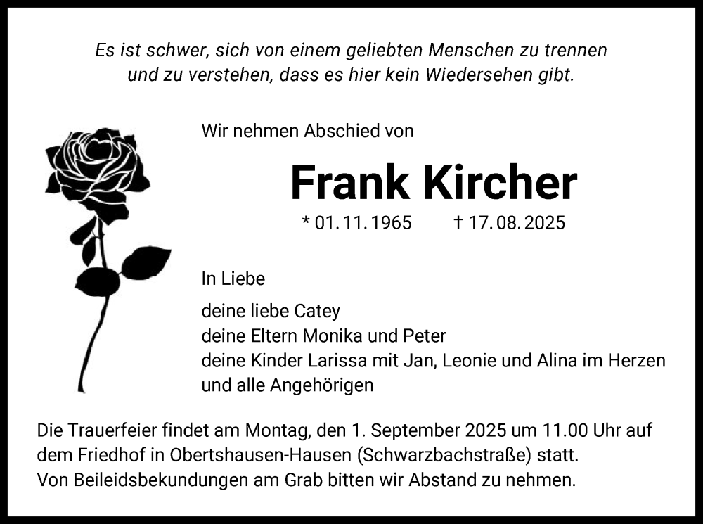  Traueranzeige für Frank Kircher vom 30.08.2025 aus OFOP