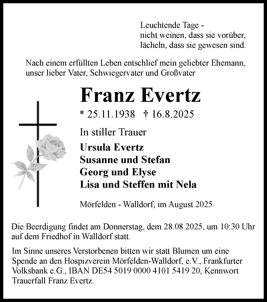  Traueranzeige für Franz Evertz vom 22.08.2025 aus OFMF