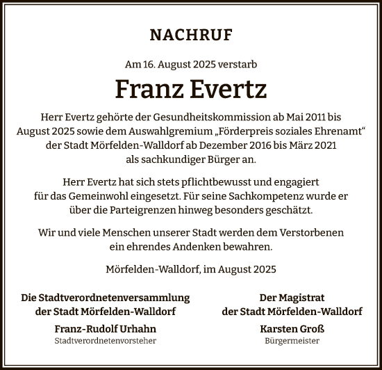 Traueranzeige von Franz Evertz von OFMF