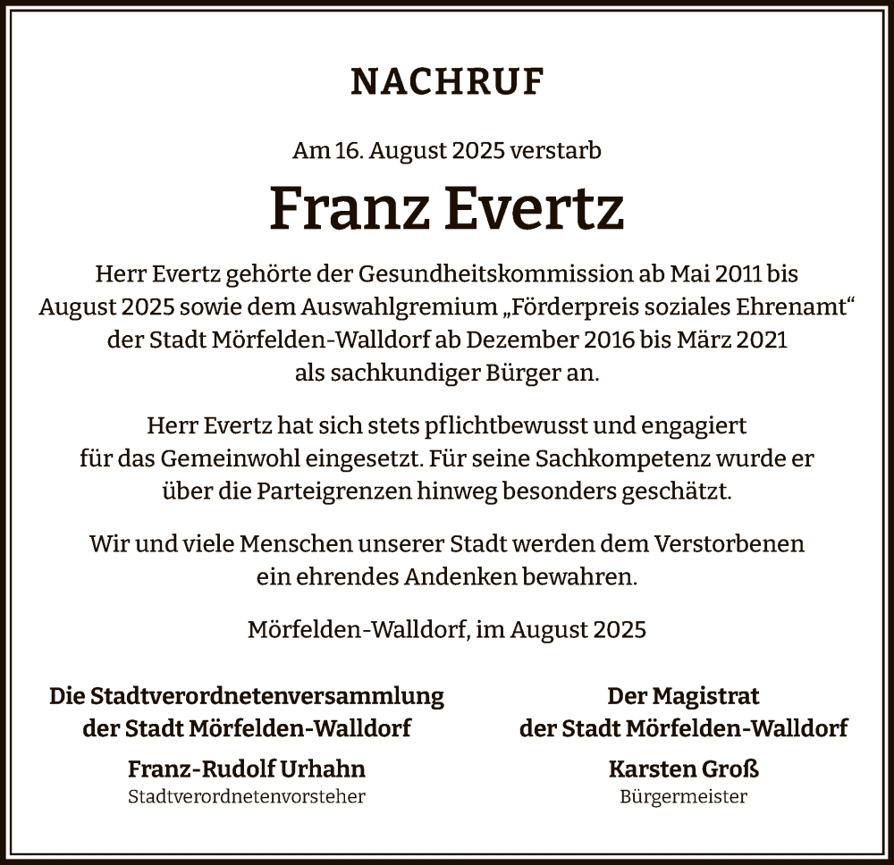  Traueranzeige für Franz Evertz vom 29.08.2025 aus OFMF