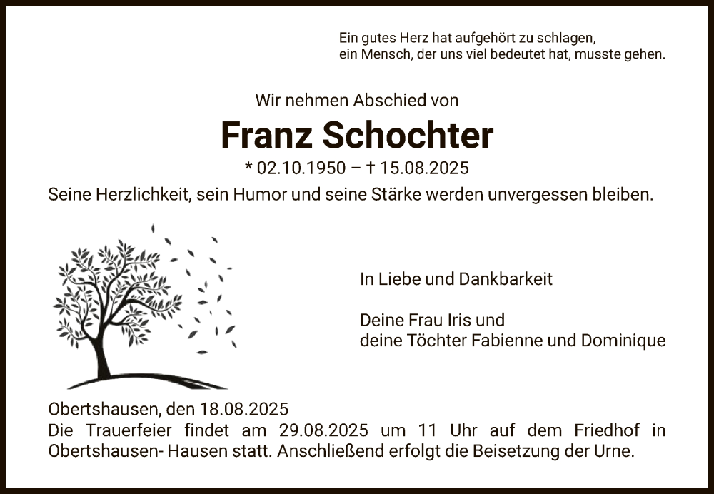  Traueranzeige für Franz Schochter vom 23.08.2025 aus OFOP