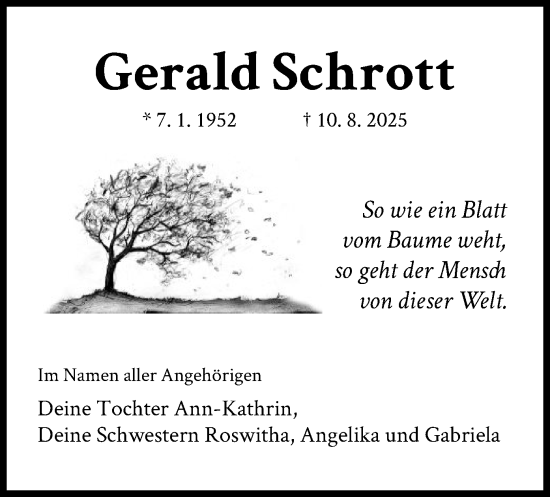 Traueranzeige von Gerald Schrott von OF0L