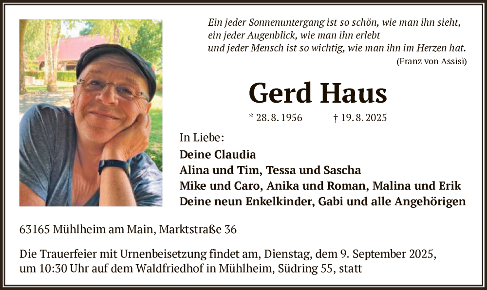  Traueranzeige für Gerd Haus vom 30.08.2025 aus OFOP