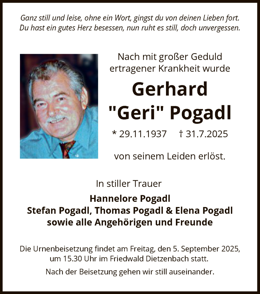 Traueranzeige für Gerhard Pogadl vom 30.08.2025 aus OF0L