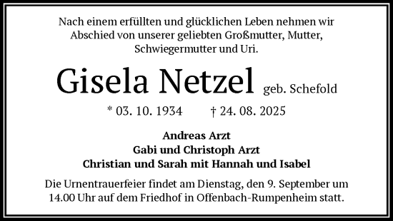Traueranzeige von Gisela Netzel von OFOP