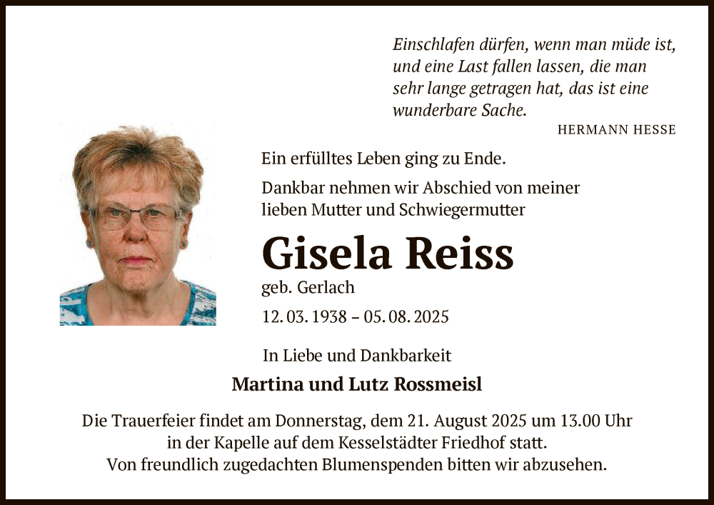  Traueranzeige für Gisela Reiss vom 16.08.2025 aus OFHA