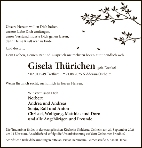 Traueranzeige von Gisela Thürichen von OFHA
