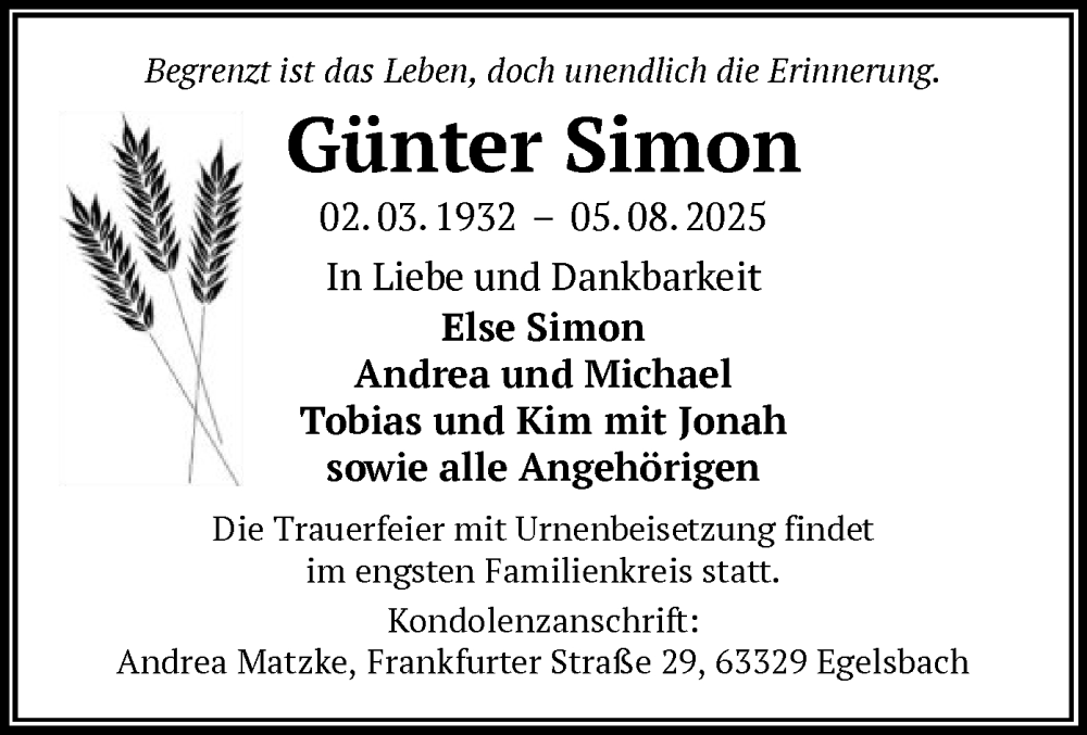  Traueranzeige für Günter Simon vom 16.08.2025 aus OF0W