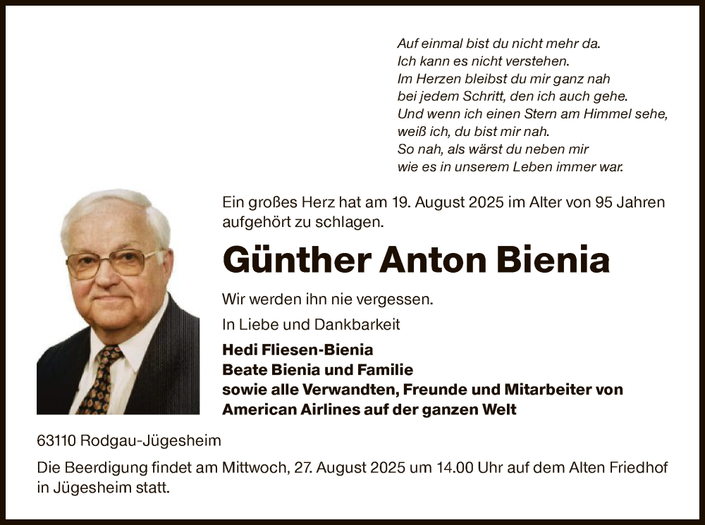  Traueranzeige für Günther Anton Bienia vom 23.08.2025 aus OFOP