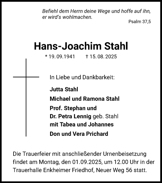 Traueranzeige von Hans-Joachim Stahl von BOWO