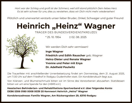 Traueranzeige von Heinrich Wagner von OF0W