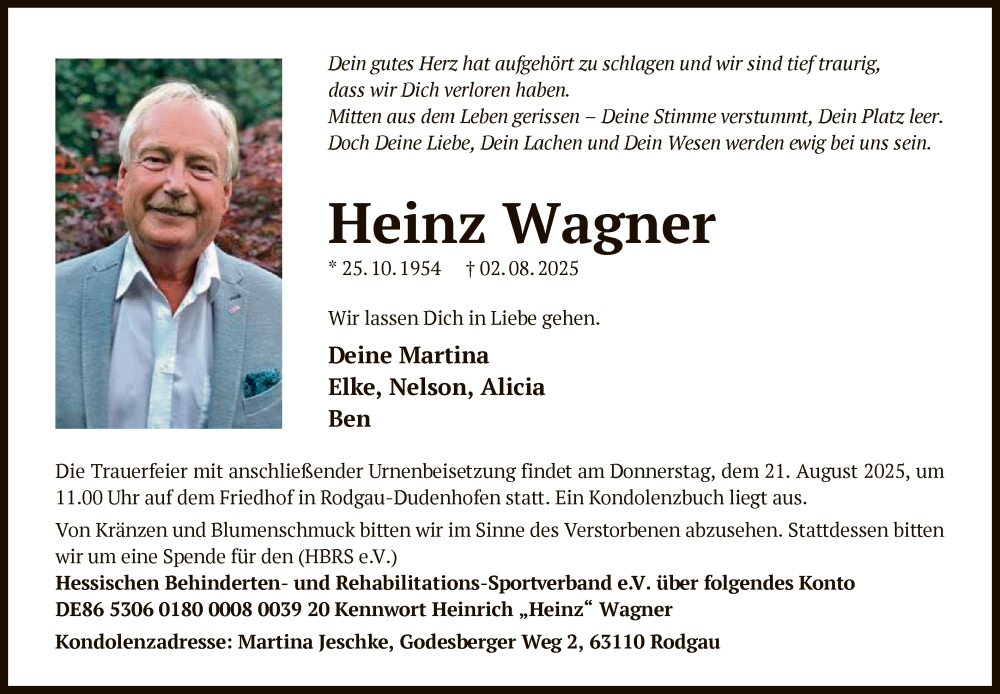  Traueranzeige für Heinz Wagner vom 16.08.2025 aus OFOPOF0WOF0T