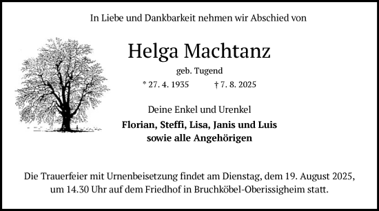 Traueranzeige von Helga Machtanz von OFHA