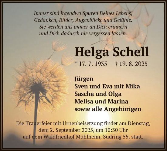 Traueranzeige von Helga Schell von OF0T