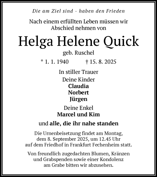 Traueranzeige von Helga Helene Quick von BOWO