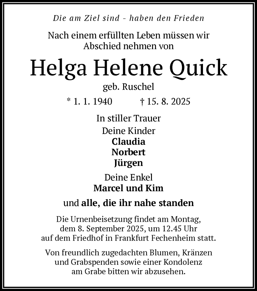  Traueranzeige für Helga Helene Quick vom 30.08.2025 aus BOWO