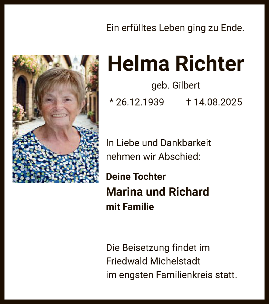  Traueranzeige für Helma Richter vom 23.08.2025 aus OF0L