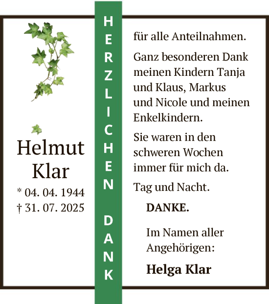 Traueranzeige von Helmut Klar von OF0L