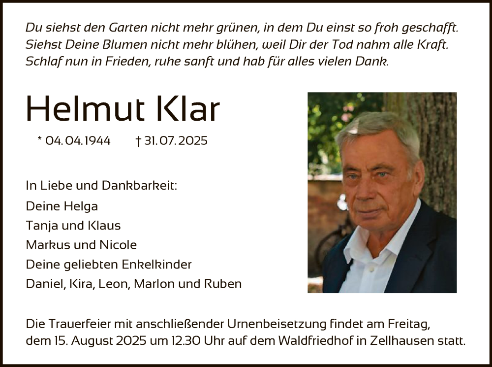  Traueranzeige für Helmut Klar vom 09.08.2025 aus OF0L