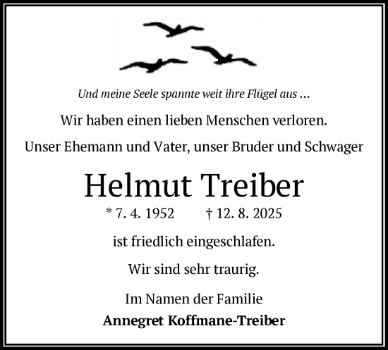 Traueranzeige von Helmut Treiber von OF0L
