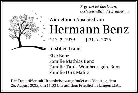 Traueranzeige von Hermann Benz von OF0W