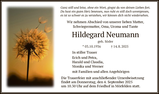 Traueranzeige von Hildegard Neumann von OFMF