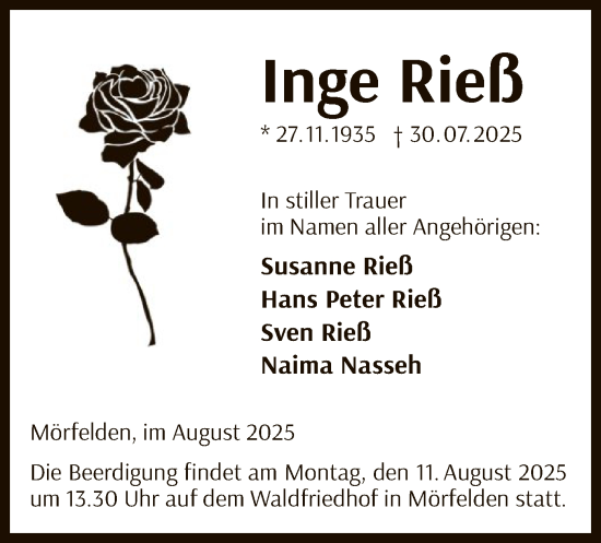 Traueranzeige von Inge Rieß von OFMF