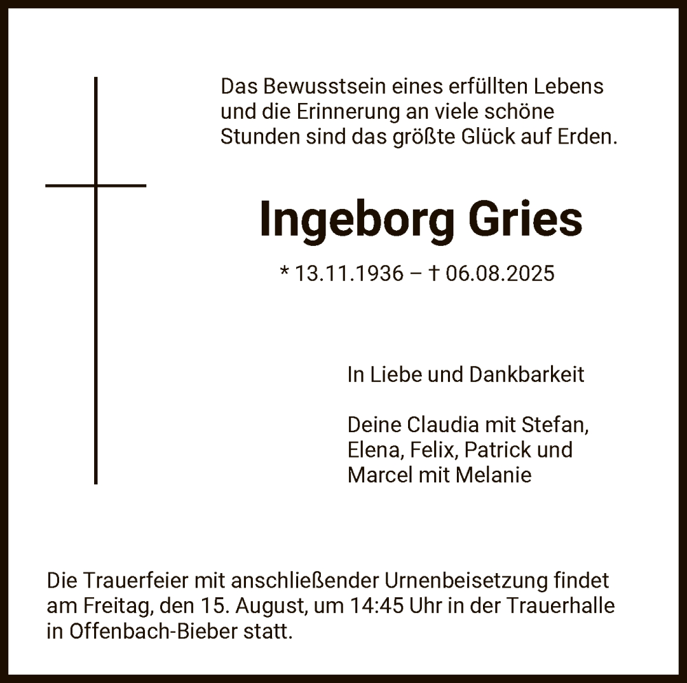 Traueranzeige für Ingeborg Gries vom 13.08.2025 aus OFOP