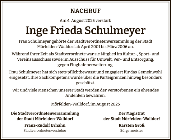 Traueranzeige von Inge Frieda Schulmeyer von OFMF