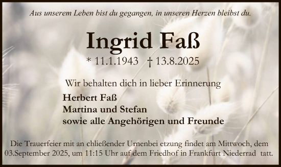 Traueranzeige von Ingrid Faß von FRAW