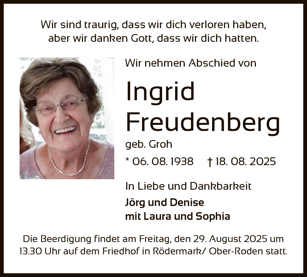  Traueranzeige für Ingrid Freudenberg vom 23.08.2025 aus OF0L