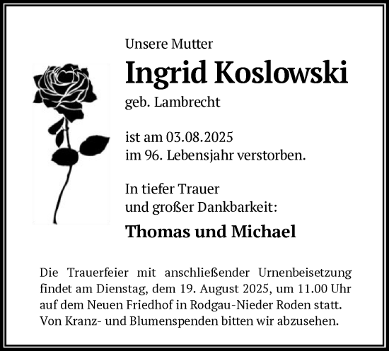 Traueranzeige von Ingrid Koslowski von OFOP