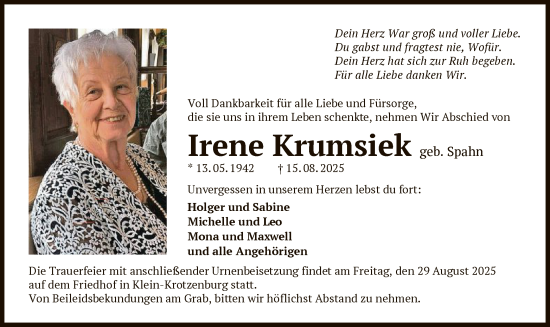 Traueranzeige von Irene Krumsiek von OF0L