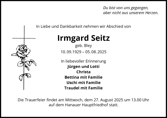 Traueranzeige von Irmgard Seitz von OFHA