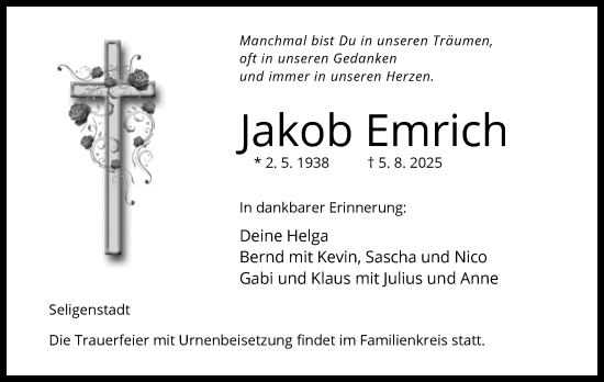 Traueranzeige von Jakob Emrich von OF0L