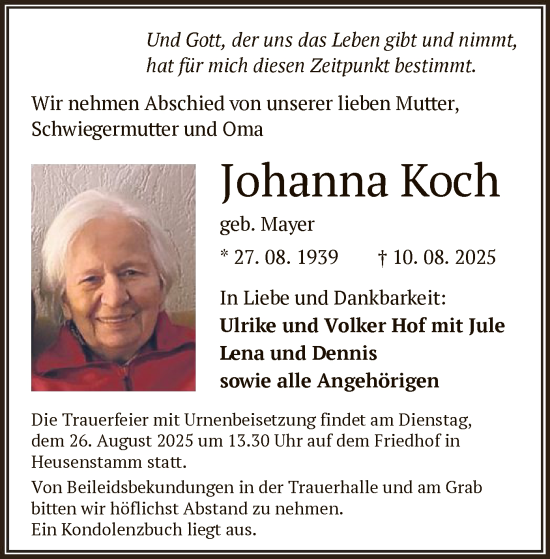 Traueranzeige von Johanna Koch von OF0T