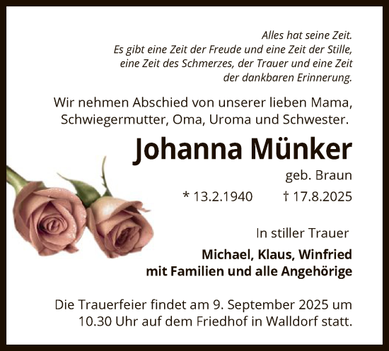 Traueranzeige von Johanna Münker von OFMF